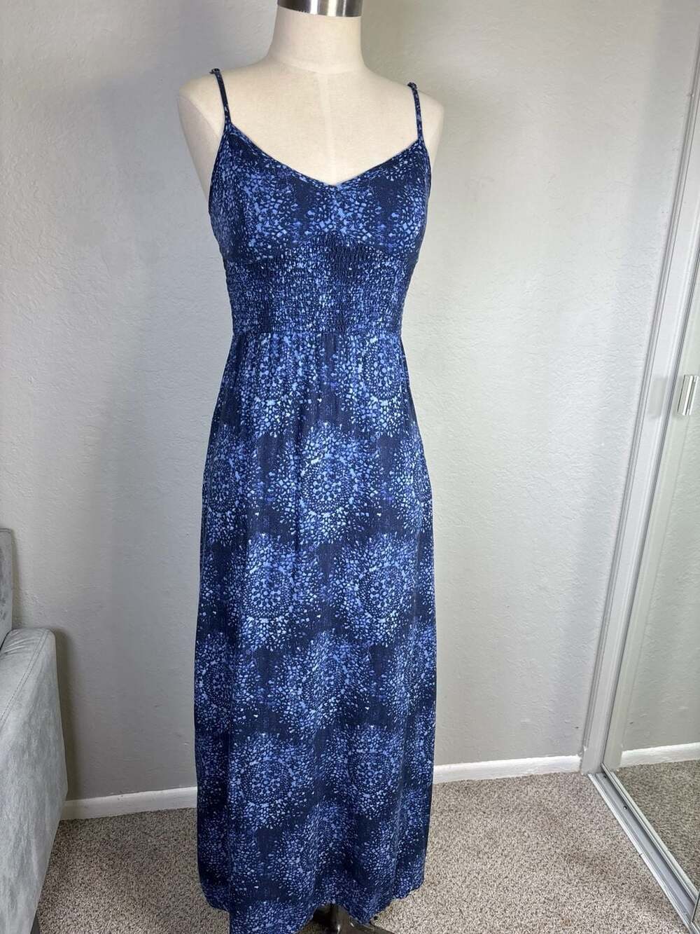 Abercrombie & Fitch Blue Printed Smocked Bodice Spaghetti Strap Maxi Dress